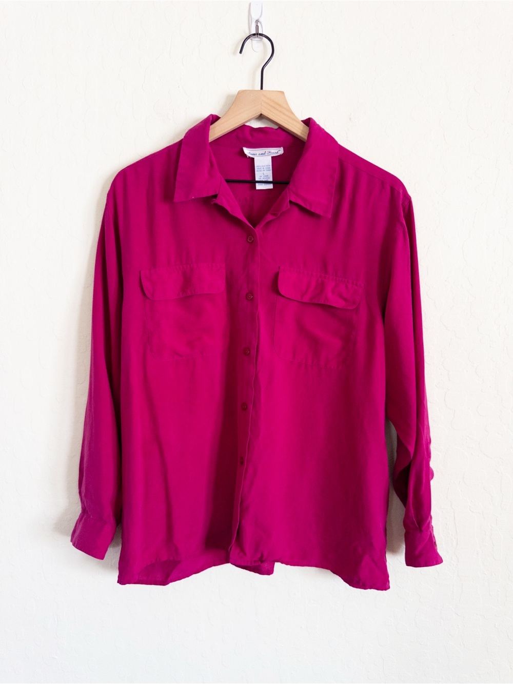 Vintage Anna and Frank 100% Silk Long Sleeve Button Down Shirt Large Pink Retro